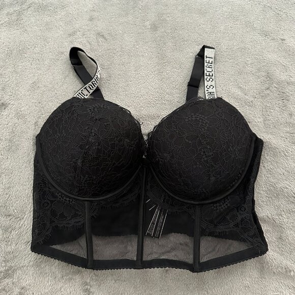 Victoria's Secret Very Sexy Push Up Corset Bustier Bra Bling 38D 38 D Black Lace - Picture 1 of 6